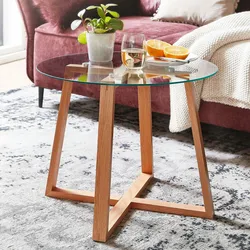 Kadima Design Massiver Eiche-Glas Couchtisch, Modernes Design, Überkreuztes Gestell. 58x58x47 cm