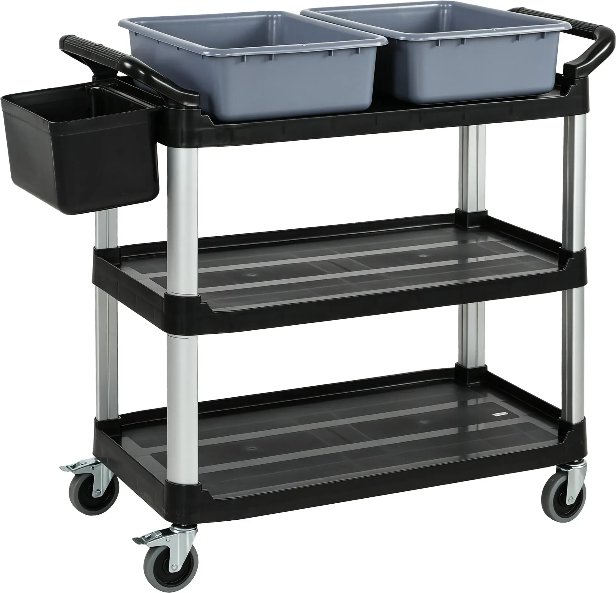 HOMCOM Professioneller Reinigungswagen mit 3 Ablagen aus Metall und Kunststoff, 2 abnehmbaren Behältern, seitlichem Eimer und 4 Rollen, für Hotel und Gastronomie, Tragfähigkeit 100 kg, 115x50x100 cm, Schwarz   Aosom