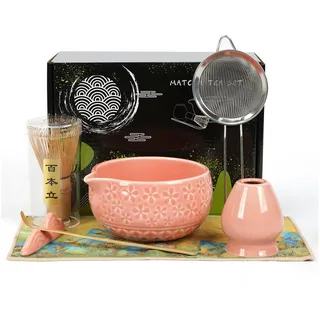 OSTWOLKE Teeservice Matcha Set 7-Teiliges Keramik, Bambusbesen, Schale & Zubehör, Matcha Tee Set für Matcha-Liebhaber rosa