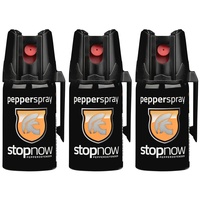 stopnow - 3er Set Pfefferspray & KO-Spray für Selbstverteidigung, Bären & Hunde-Abwehr - Pepper Jet-Sprüh-Strahl - Abwehrspray klein - Tier-Abwehr-Spray, Bärenspray & Verteidigungsspray für Unterwegs