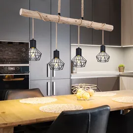 GLOBO LED Hängeleuchte Esszimmerlampe Deckenleuchte Pendellampe, Holz Balken, Hanfseil, Retroleuchte Vintage Rustikal, 4-Flammig, 4x E27 Filament LED warmweiß, Länge 100 cm