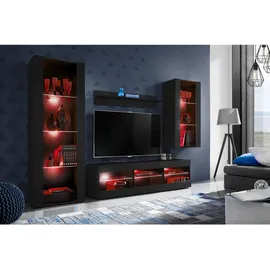 komodee Wohnzimmerset, Schwarz, Schwarz, Holzwerkstoff, 8 Fächer, Rechteckig, 245x159x35 cm, Wohnzimmer, Wohnwände, Anbauwände