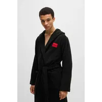 Hugo Herren Terry Gown Hooded Morgenmantel aus Baumwoll-Terry mit rotem Logo-Label, Schwarz 1,XL