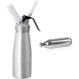Siphon / Sahnespender 0,5 L mit 3 Spritztüllen und Reinigungsbürste + 96 Einwegdruckkapseln - Silber