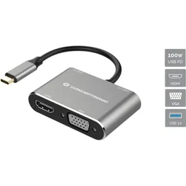 Conceptronic Dock USB-C ->HDMI,VGA,USB3.0,100WPD 0.15m gr USB C), Dockingstation + USB Hub, Schwarz, Silber