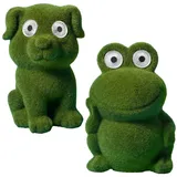 Bonetti 2-er Set LED Solar Dekofigur für den Garten mit hell leuchtenden Kulleraugen aus Polyresin gefertigt, grün beflockt, Motiv: Frosch & Hund