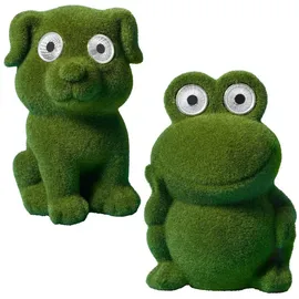 Bonetti 2-er Set LED Solar Dekofigur für den Garten mit hell leuchtenden Kulleraugen aus Polyresin gefertigt, grün beflockt, Motiv: Frosch & Hund