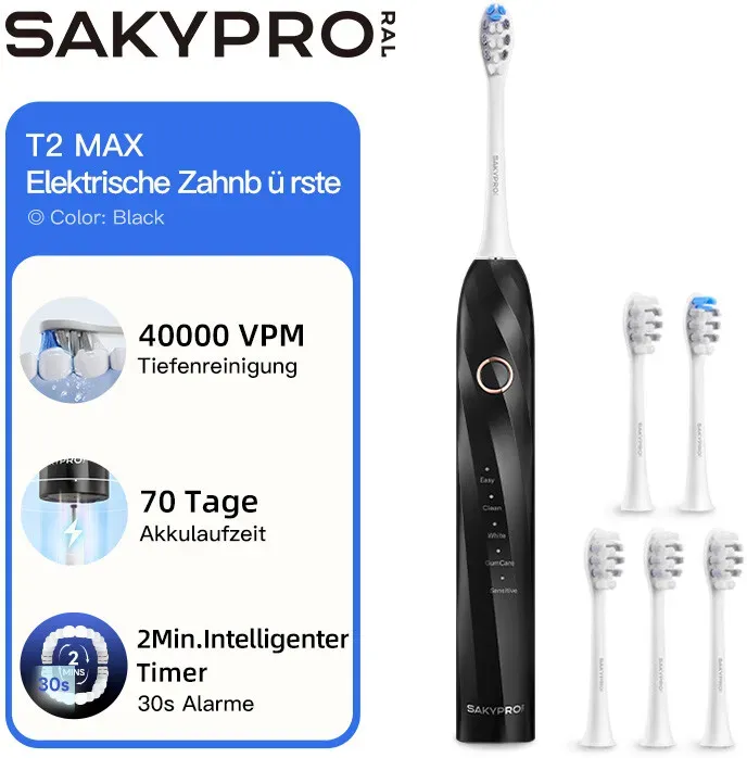 SAKYPRORAL Intelligente Elektrische Zahnbürste mit 6 Aufsteckbürsten & Reiseetui - AI Zonen-Reinigung, 5 Putzmodi, 150 Tage Laufzeit, Intelligenter Timer