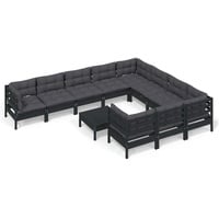 vidaXL 11-tlg. Garten-Lounge-Set mit Kissen Schwarz Kiefernholz