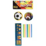 IDENA 40440 - Partyspaß Set mit 14 Artikeln, 4 Malschablonen mit Linealfunktion ca. 4,5 x 15,5 cm, 6 Notizbücher ca. 6 x 9 cm, 4 Geschicklichkeitsspiele mit Ballmotiven, Durchmesser ca. 6 cm