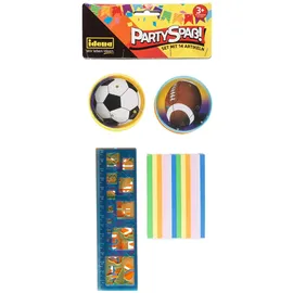 IDENA 40440 - Partyspaß Set mit 14 Artikeln, 4 Malschablonen mit Linealfunktion ca. 4,5 x 15,5 cm, 6 Notizbücher ca. 6 x 9 cm, 4 Geschicklichkeitsspiele mit Ballmotiven, Durchmesser ca. 6 cm