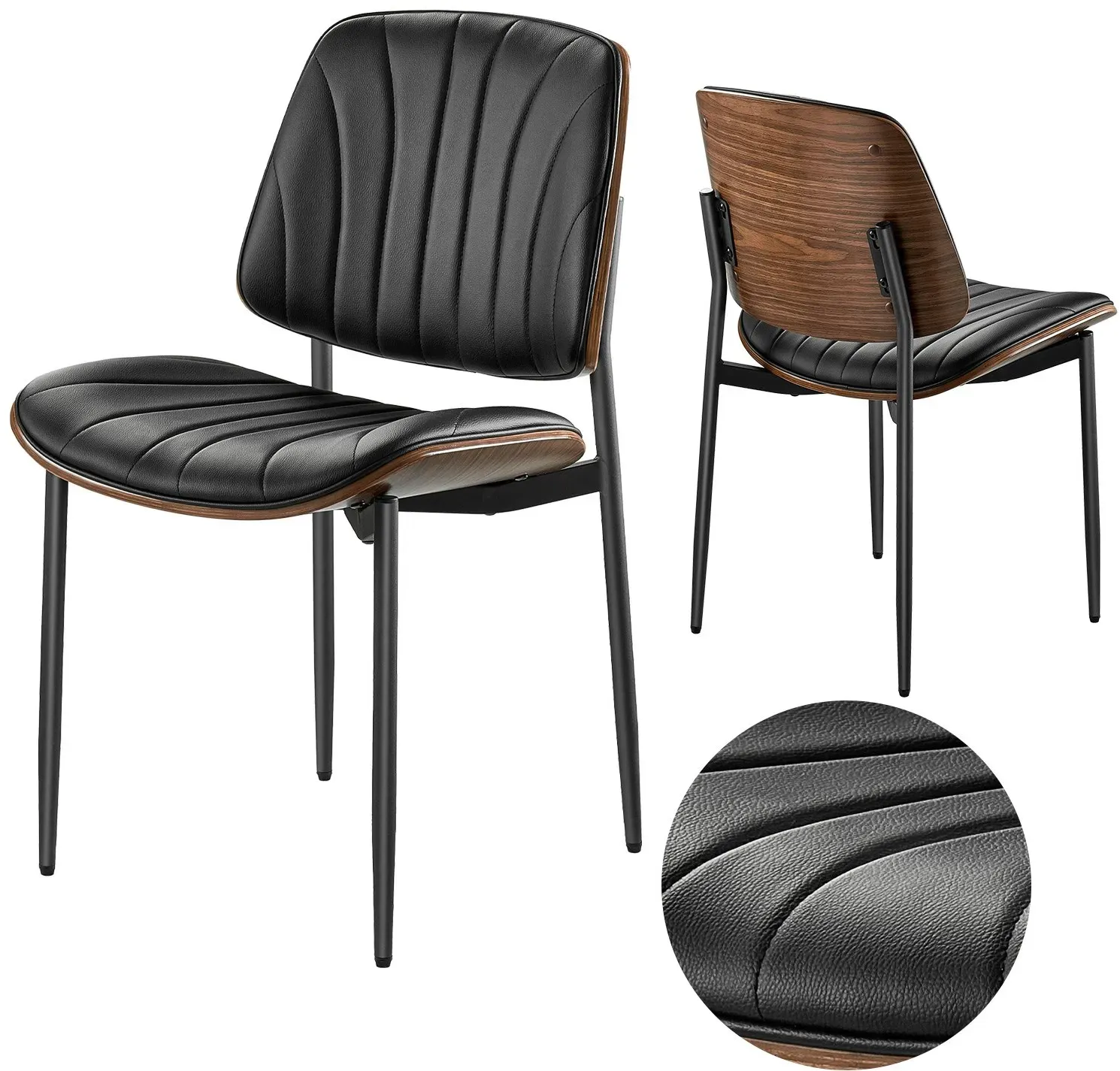 VEVOR Retro-Esszimmerstuhl (2 Stk.) eleganter gepolsterter Leder-Beistellstuhl (158,76 kg belastbar) für Esstische, platzsparender Küchentischstuhl mit dicken Kissen & Metallbeinen, Schwarz Café