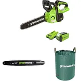 Greenworks Akku Kettensäge mit Akku und Ladegerät, 12 Zoll (30 cm) Blattlänge 40V 2Ah Akku + Greenworks 30cm Original Führungsschiene für Kettensäge+ Greenworks 120l Gartenabfallsack