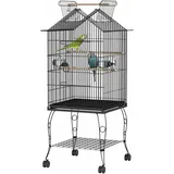 LILIIN Vogelvoliere Vogelkäfig Großer Vogelhaus Papageienkäfig mit Ständer und Rollen Metall Vogelbauer Käfig Vogel für Finken Kanarienvögel Wellensittiche, Schwarz, 55x55x145cm (mit Offenem Dach)