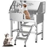 Roomark 86 cm Professionelle Hundebadewanne mit Treppe, Edelstahl Hundepool mit Duschkopf & Schiebetür, Tragfähigkeit 50KG, Hundewanne für Mittlere, Kleine Haustiere, Tierpflegesalon (Linke Tür)