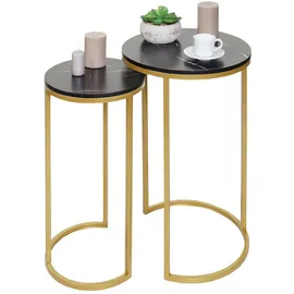 Mendler 2er-Set Beistelltisch HWC-K46, Kaffeetisch Nachttisch Loungetisch, Marmor-Optik MDF ~ schwarz-gold