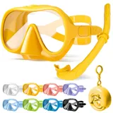 HINATAA Schnorchelset Erwachsene, Macaron Rahmenlose Taucherbrille, 180° Ultra Weitsicht Anti Nebel Schnorchelmaske, Anti-Leck Professionelles Tauchmaske, Schwimmbrille Frauen Männer (Gelb Set)