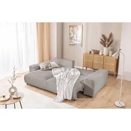 s-style möbel Mollis - Ecksofa mit Schlaffunktion und Bettkasten aus Hellgrau Plüschcord mit schöner Sitzkomfort