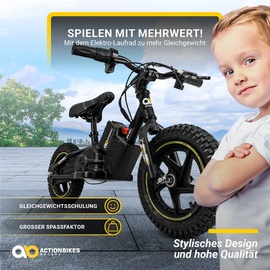 Actionbikes Motors Elektro-Laufrad, 12 Zoll, Kinder-Balance-Bike m. 250 Watt, Scheibenbremsen, 3 Geschwindigkeitsstufen (Gelb)