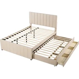 Flieks Polsterbett mit Unterbett, Doppelbett Jugendbett mit Lattenrost und Schubladen, Kinderbett Holzbett Gästebett Tagesbett 140x200/90x190cm, L... - Beige