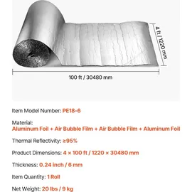 Vevor Isolierfolie, Reflexionsfolie aus Aluminiumfolie, 6 mm, 122 cm x 30,48 m, zweilagiger wärmereflektierender Luftpolsterschutz, Wärmedämmrolle für Garagentorfenster und Wohnmobildächer