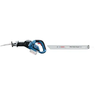 Bosch Professional 18V System Akku Säbelsäge GSA 18V-32 (inkl. 1x Säbelsägeblatt, ohne Akku/Ladegerät) + 5x PRO Pallet S1022HFR Repair fast Säbelsägeblatt (für Stahl, Holz mit Nägeln, Länge 200 mm)