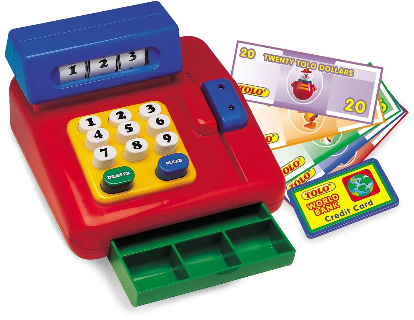 Registrierkasse Motorikspielzeug bunt Kunststoff inkl. Spielgeld, Kreditkarte, Klingelton, LED-Licht - TOLO - Batterien, ab 1 Jahr