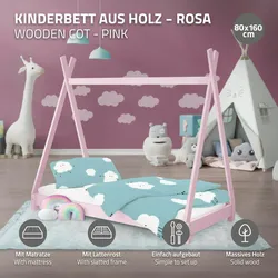 Kinderbett + Matratze Kinderhaus Bettgestell Bettenhaus Holzbett Rosa 80x160 cm