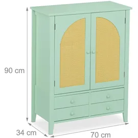 Relaxdays Sideboard, Rattan-Optik, 4 Schubladen, 2 Schrankfächer, HBT 90x70x34 cm, Wohnzimmer, Küche, Flur, türkis/natur