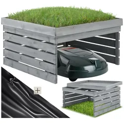 tectake® Rasenmäher-Roboter-Garage , gebeizte Kiefernlatten, wetterfest, Dach zum Bepflanzen, 84 x 78 x 46 cm