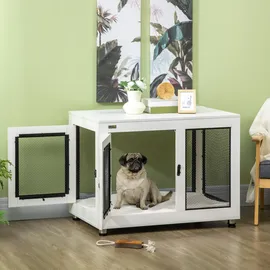 PawHut Hundekäfig mit 2 Türen, waschbaren Kissen, Moderne Stahl Hundebox Indoor Beistelltisch, Weiß+Schwarz, 94 x 60 x 71,5 cm