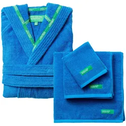 Benetton - Kapuzenbademantel L/XL mit 3er-Set Badetücher 100% Baumwolle Blau