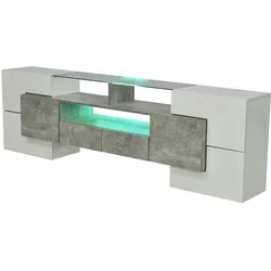 Merax Lowboard mit LED-Beleuchtung und Glasplatte, TV-Schrank mit hochglänzenden Korpus, Betonoptik, Breite 200 cm, Beton-Optik | Weiß