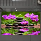 EMCLKS Badteppich rutschfeste,weicher Badezimmerteppich Badematte Badvorleger für Dusche,Badewanne und Toilette,Spa - mit Orchideen, Steinen, lila Orchideen, Kieselsteinen und Wasserreflexi,60x90 cm