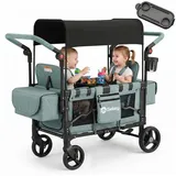 Sekey Bollerwagen für Kinder zum Sitzen, Bollerwagen Faltbar Kinderwagen für 2 Kinder, Duo Schiebegriff Kinderwagen mit 2 integrierten 5-Punkt-Gurtsystem grün