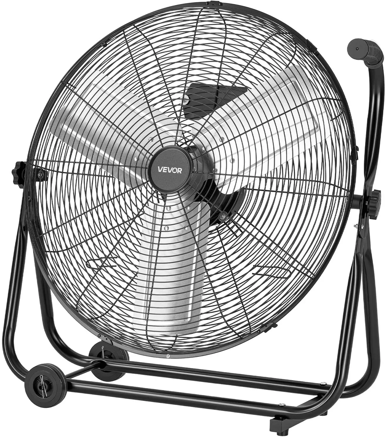 VEVOR Bodenventilator Ø609,6mm, Windmaschine 360° Neigbar, Standventilator mit 3 Geschwindigkeitsstufen, Trommelventilator Tragbar mit Griff Rollen & 1,6m Kabel, Industrie-Ventilator für Garage Lager