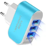 SUIOPPYUW EU Stecker Telefonladegerät 2000mA Tragbarer USB 3 Port Handy Ladeadapter mit Anzeige Steckdosen Ladeblock, Blau