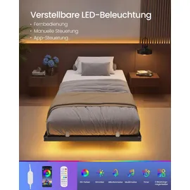 VASAGLE Bettgestell 90 x 200 cm mit LED-Beleuchtung, USB-C-Anschluss, Steckdosenleiste