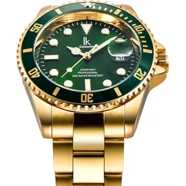 Alienwork Herren Damen Armbanduhr Quarz gold mit Edelstahl Metallarmband Kalender Datum grŸn elegant