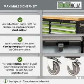 Trutzholm Werkstattwagen 12 Schubladen Stahl Grün/Schwarz leer mit massiver Arbeitsplatte