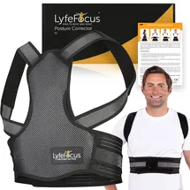 lyfefocus S1 Atmungsaktiver Premium-Rückenstützer - Obere Rückenstütze, Rückenbandage und Rückenbegradiger - effektive Haltungskorrektur bei Nacken-, Schulter- und Rückenschmerzen (Schwarz, Klein)