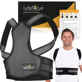 lyfefocus S1 Atmungsaktiver Premium-Rückenstützer - Obere Rückenstütze, Rückenbandage und Rückenbegradiger - effektive Haltungskorrektur bei Nacken-, Schulter- und Rückenschmerzen (Schwarz, Klein)