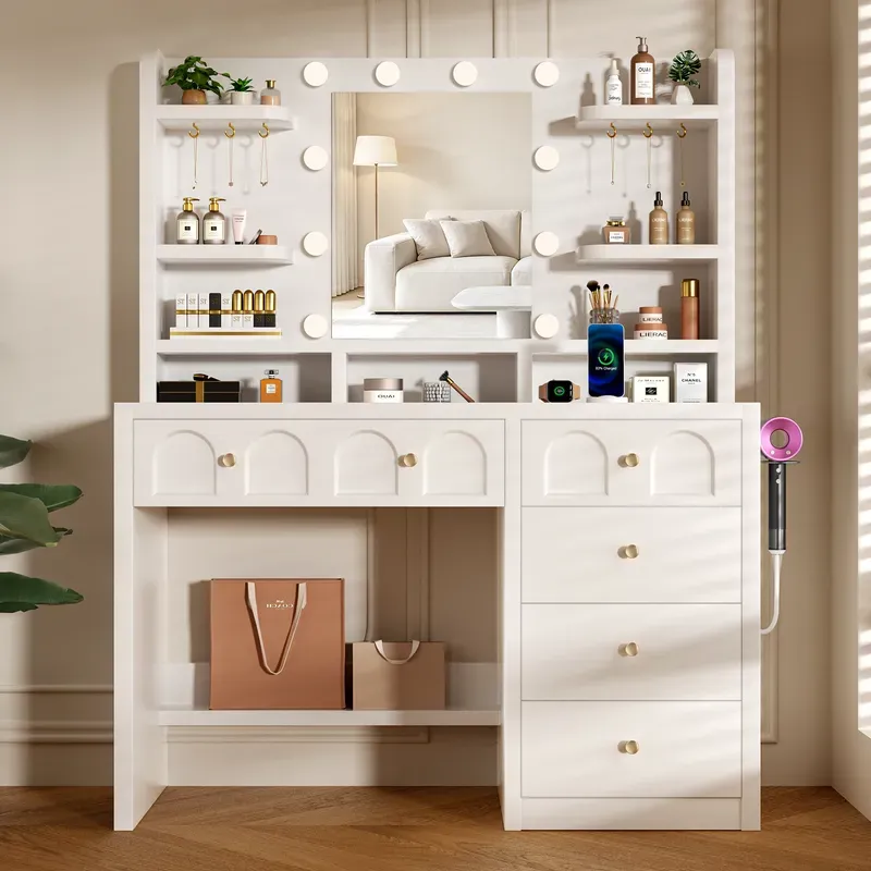 GTIMEX Schminktisch mit Spiegel und LED Beleuchtung, 3 einstellbaren Farb und Helligkeitsstufen, Frisiertisch mit 5 Schubladen, 8 offenen Ablagen,6 Schmuckhaken,Weiß,90*40*145CM,Weiß