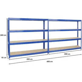 Proregal Mega Deal 2x Schwerlastregal Dino HxBxT 180x200x45cm Fachlast 500kg Blau, Metall, Rechteckig, 400x200x45 cm Freizeit, Heimwerken, Werkstatt, Schwerlastregale