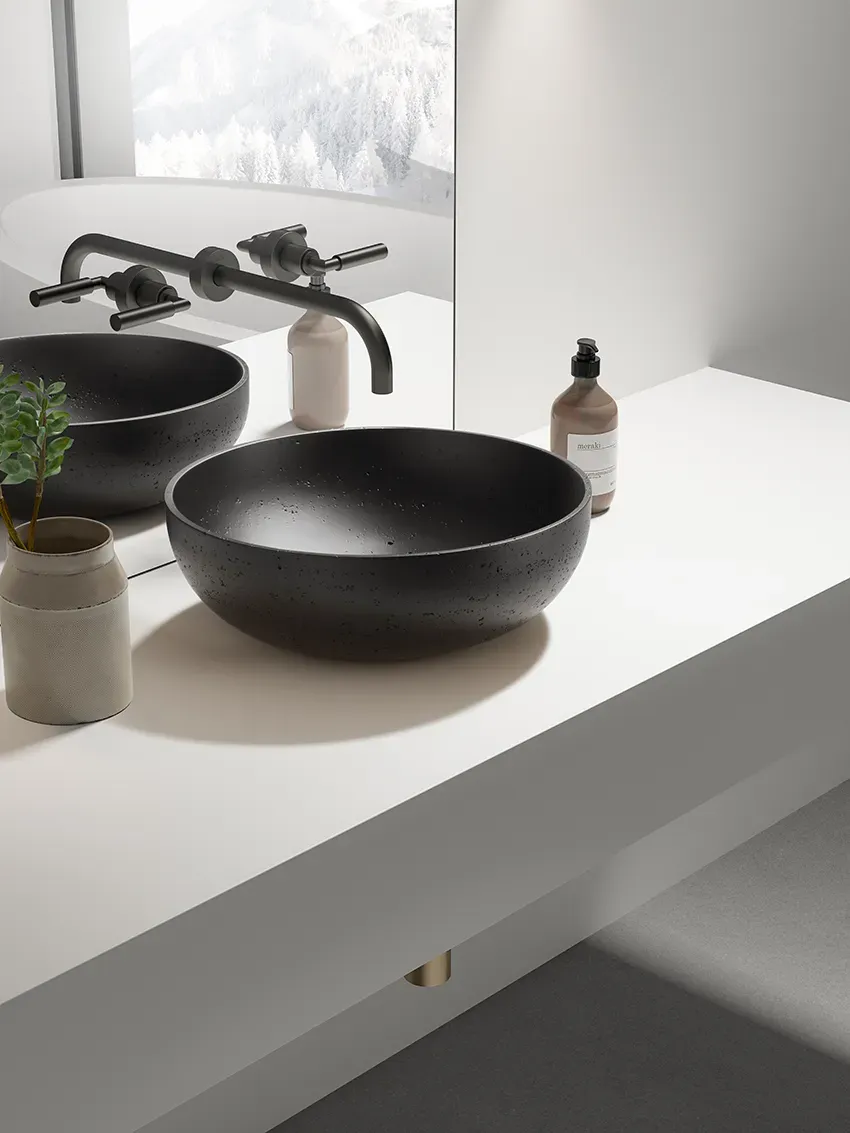 Glassdesign RAPOLANO 45 Travertino Aufsatzwaschtisch TeknoForm - Travertino Schwarz
