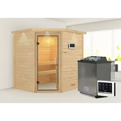 Sauna KARIBU "Mia (Fronteinstieg)", beige (naturbelassen), (ohne Ofen), Saunen, inklusive Ofenschutzgitter und Tür
