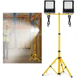 YRHome LED Fluter Baustrahler Flutlicht 2x 100W Kaltweiß Warmweiß Wasserdicht IP66 Arbeitsscheinwerfer Scheinwerfer mit Stativ und 3M Kabel Außenbereich Garten Garage