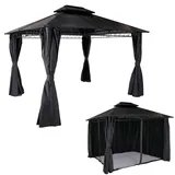 Mendler Hardtop Pergola HWC-M81, Pavillon, Aluminium Dachstreben 7cm-Stahlgestell mit Seitenwand und Moskitonetz 3,6x3m grau -