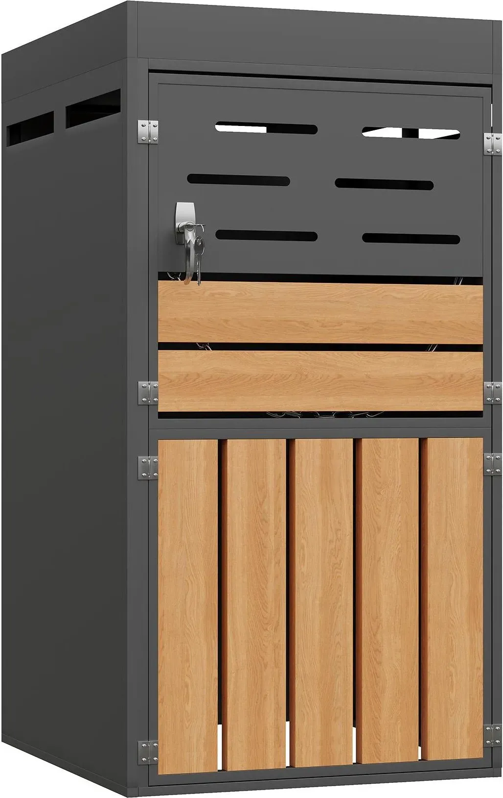 Multifunktionaler Außenschrank 2-in-1, integriertem Pflanzkasten und Mülltonnenfach, ohne Abfalleimer, 66x80x128 cm, Grau