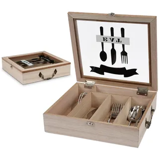 WPAJIRZO Besteckkasten mit Deckel - Holz Besteck Organizer mit 5 Fächern & Sichtfenster für Tischplatte oder Schubladen - Aufbewahrungsbox mit Griff für perfekte Ordnung in der Küche